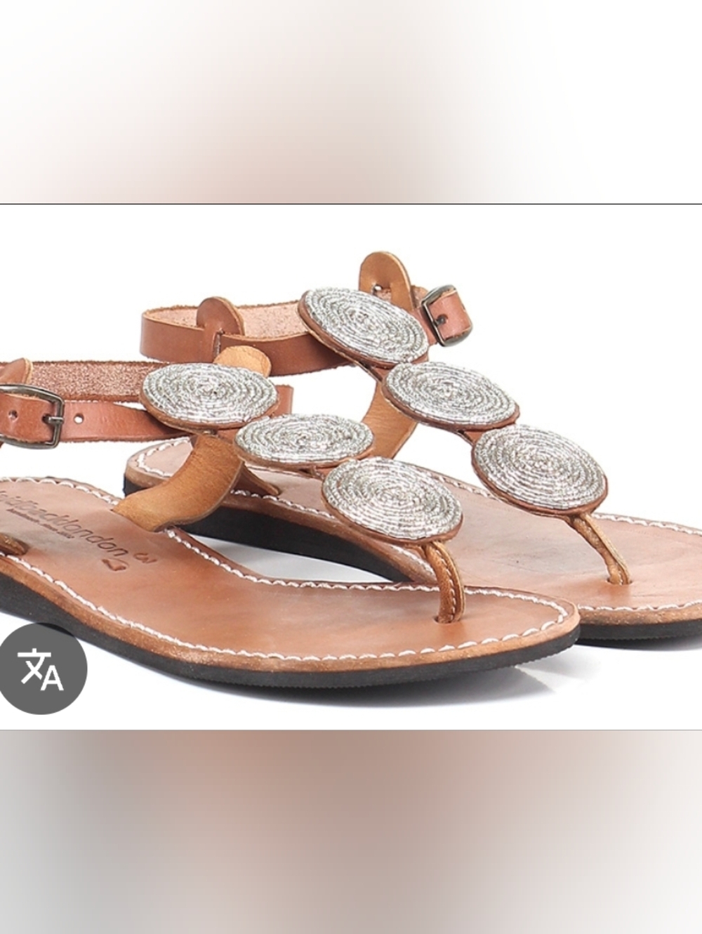 Women's Brown Leather T-Strap Sandals with Silver Beaded Discs